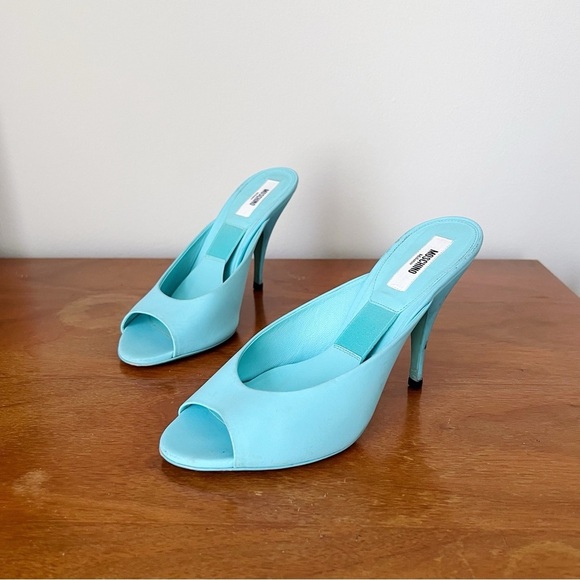 MOSCHINO x Barbie • turquoise stiletto mules heels sandals peep toe - Picture 2 of 11